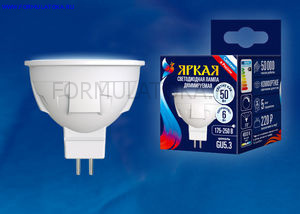Лампа светодиодная диммир.LED-JCDR 6W/NW/GU5.3/FR/DIM PLP01WH, матовая. Серия ЯРКАЯ.Белый свет