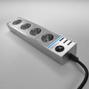 Веркель Розеточный блок 4-х местный +3 USB (серебряный-рифленый)