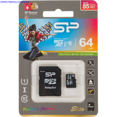 Карта памяти microSDHC 64Gb Class10 Silicon Power SP064GBSTXBU1V10-SP + adapter