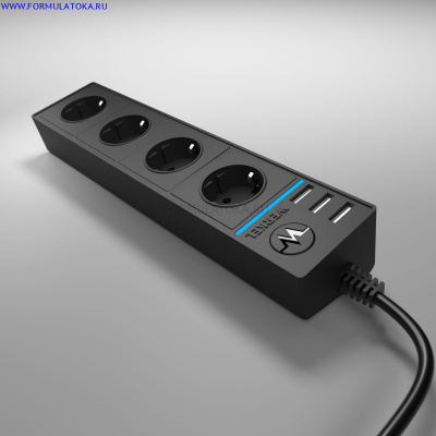 Веркель Розеточный блок 4-х местный +3 USB (черный)